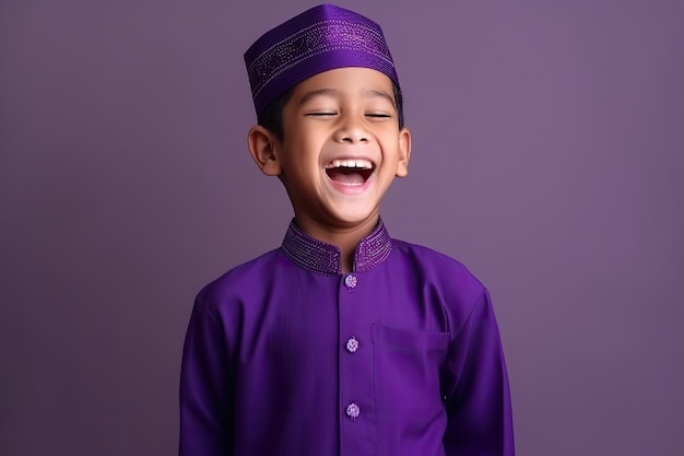 Een jongen in het paars lacht en draagt een paarse outfit met songkok