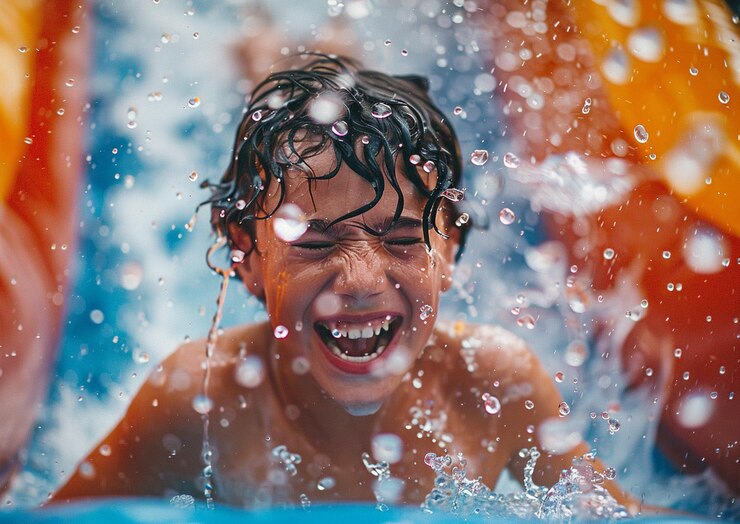 Foto een jongen is in het water met bubbels op de achtergrond