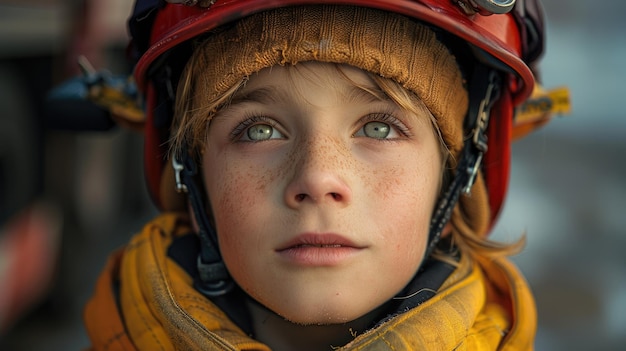 Een jongen kijkt bewonderend naar een brandweerman.