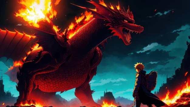 Een jongen kijkt naar een draak waarop vuur staat