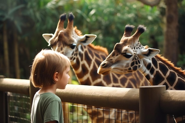 Foto een jongen kijkt naar een giraf in de dierentuin gemaakt door generative ai