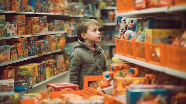 Een jongen kijkt naar speelgoed in een speelgoedwinkel.