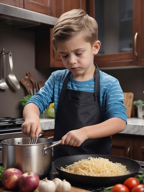 Een jongen kookt in de keuken.