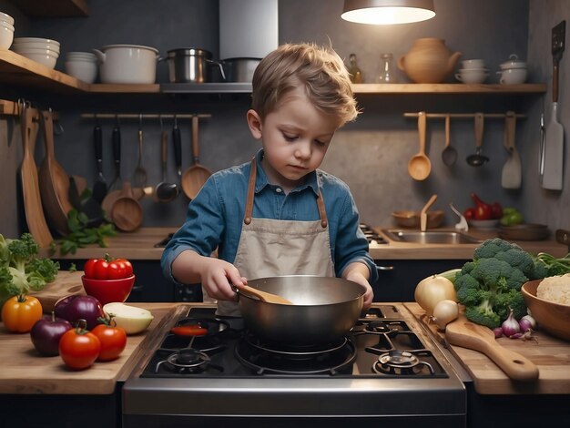 Een jongen kookt in de keuken.