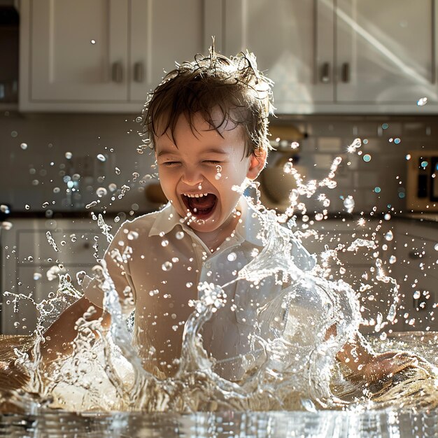 een jongen lacht en lacht in de keuken met water dat om hem heen spat