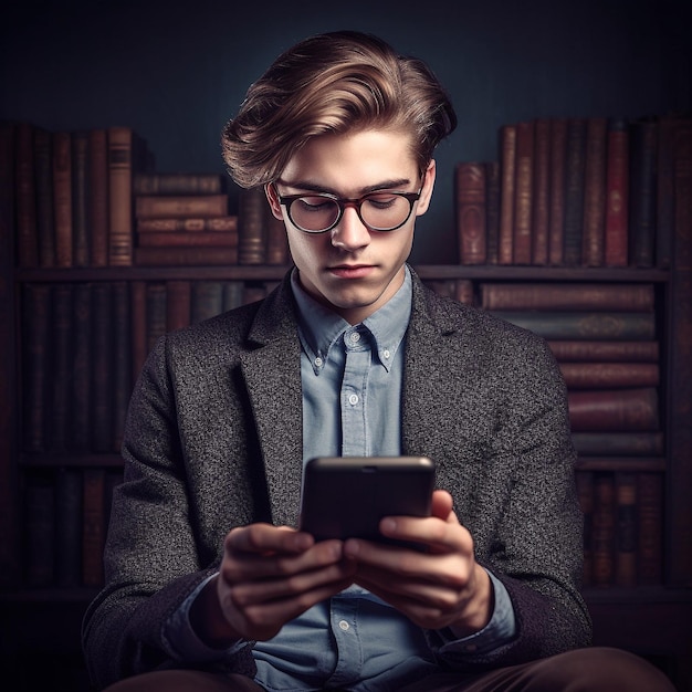 Foto een jongen leest een artikel van zijn telefoon in de bibliotheek