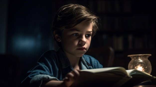 Foto een jongen leest een boek in een donkere kamer.