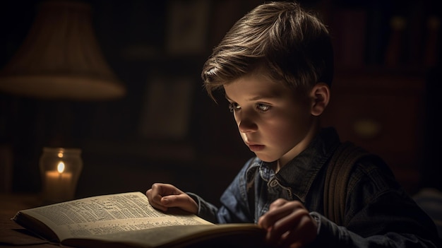 Een jongen leest een boek in een donkere kamer.