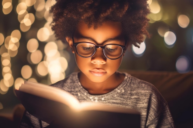 Een jongen leest een boek met lichtjes op de achtergrond