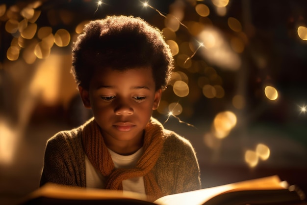 Een jongen leest een boek met lichtjes op de achtergrond