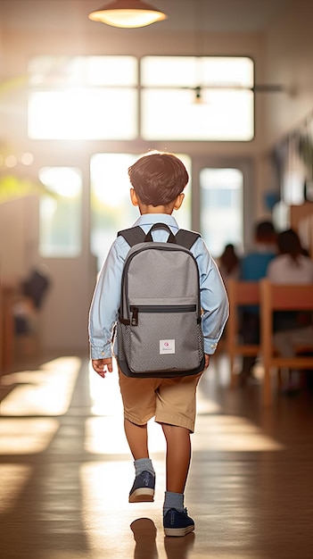 een jongen liep in een groot, helder verlicht klaslokaal in zijn schooluniform en met rugzakken