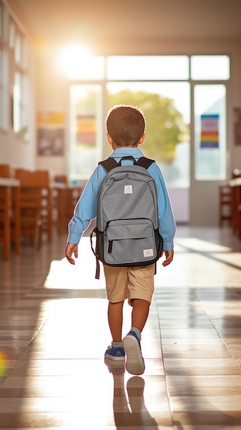 een jongen liep in een groot, helder verlicht klaslokaal in zijn schooluniform en met rugzakken