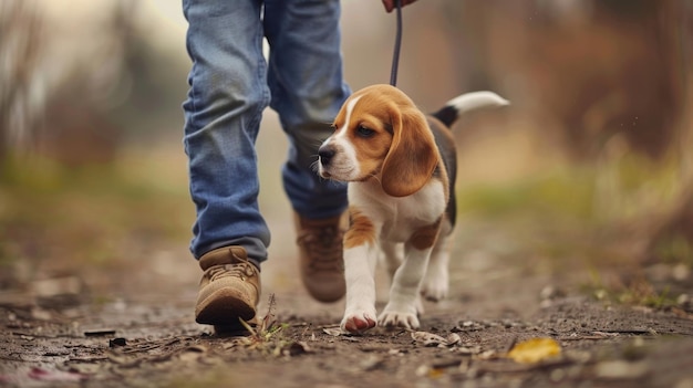 Een jongen loopt met een puppy terwijl hij met een beagle speelt