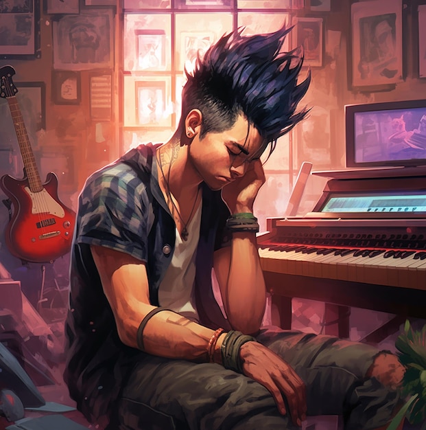 Een jongen met blauw haar zit voor een pianoklavier.