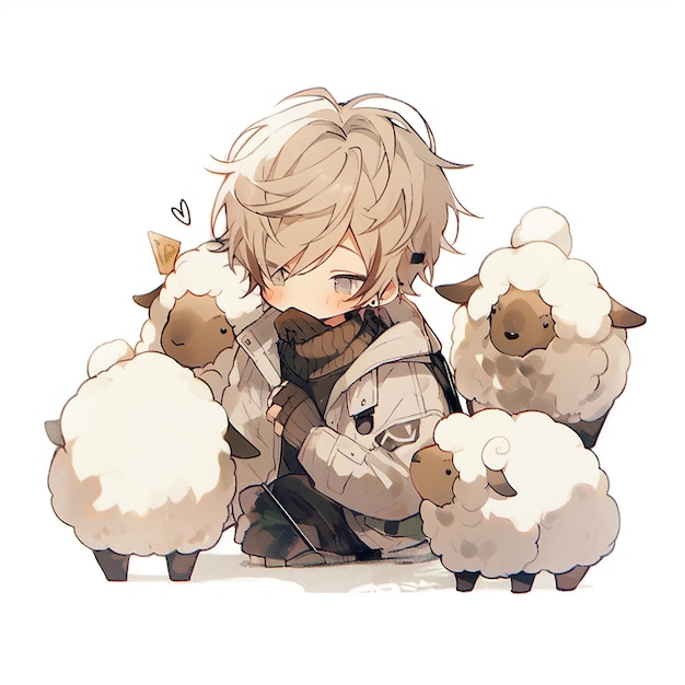 Een jongen met drie schapen en een hart op zijn gezicht.
