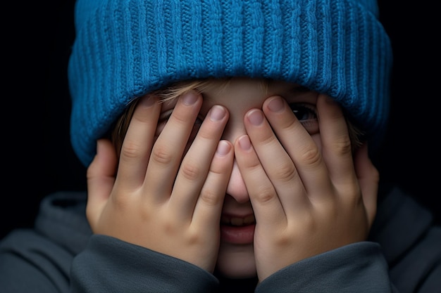 een jongen met een blauwe gebreide muts lacht op een blauwe achtergrond