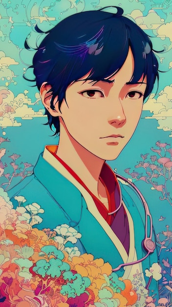 Een jongen met een blauwe kimono en een blauwe achtergrond