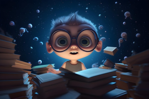 Een jongen met een bril zit voor een stapel boeken.