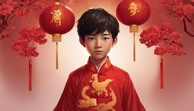 een jongen met een Chinees nieuwjaars thema en achtergrond