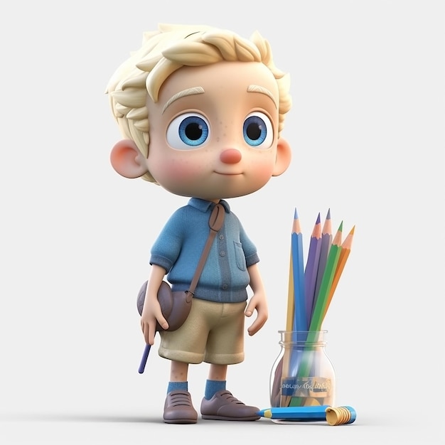 Een jongen met een etui naast een pot potloden.