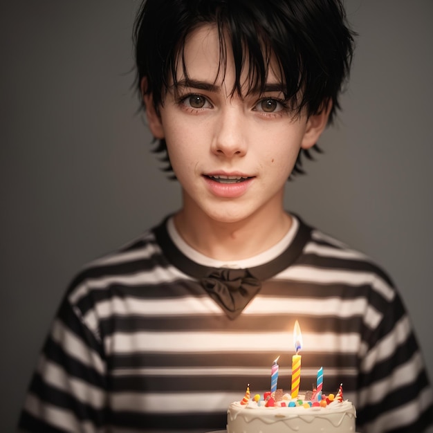 Een jongen met een gestreepte shirt waarop staat "Vrolijk verjaardag".