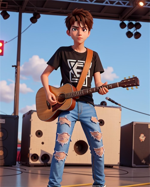 een jongen met een gitaar op zijn hoofd staat op het podium met een gitaer