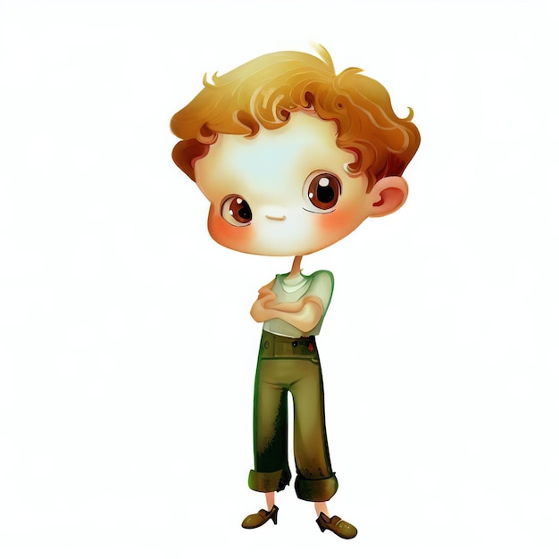 Een jongen met een groen shirt en een groene broek staat met zijn armen over elkaar.