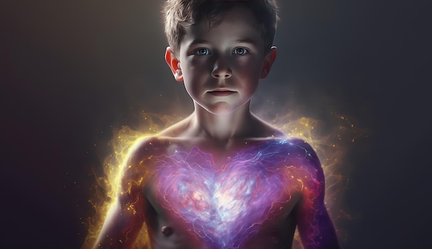 Een jongen met een hart op zijn borst