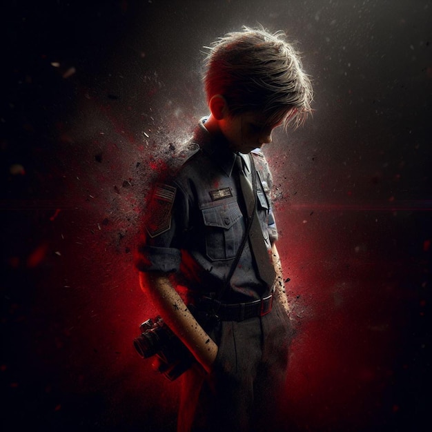 een jongen met een pistool in zijn hand staat voor een rode achtergrond