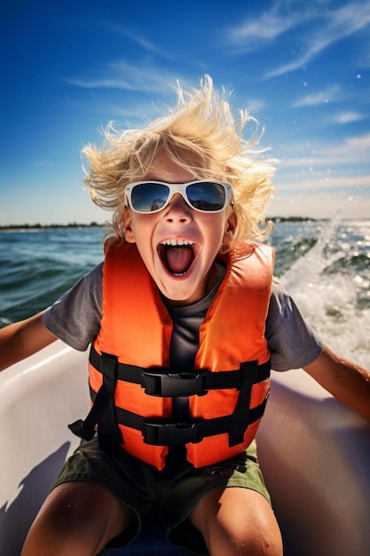 Foto een jongen met een reddingsvest rijdt in een boot met zijn mond open.