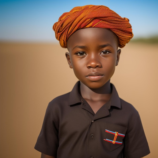 Een jongen met een rode hoofdband en een shirt met de tekst 'africa' erop