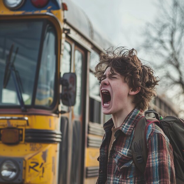 Foto een jongen met een rugzak schreeuwt naar een bus.