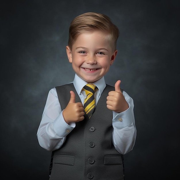 Een jongen met een stropdas waarop staat duim omhoog.
