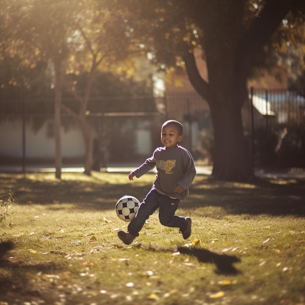 Een jongen met een sweatshirt aan met het woord 'voetbal' erop.