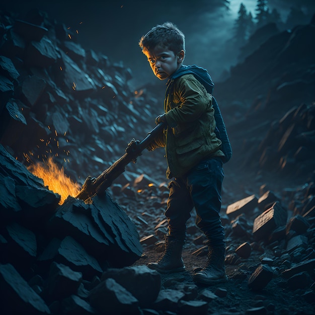 Een jongen met een vuur in zijn hand houdt een stok vast. Een symbolische foto van de door AI gegenereerde kinderarbeiddag
