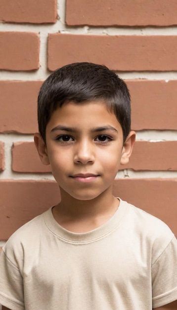 Een jongen met een wit shirt waarop staat: "Hij glimlacht".