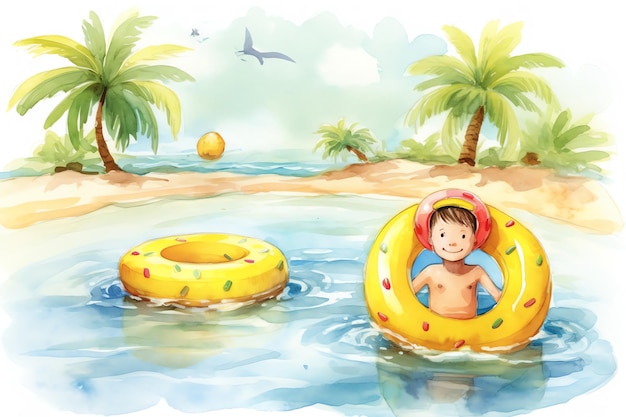 Een jongen met floaty spelen op de illustratie van de strandwaterverf