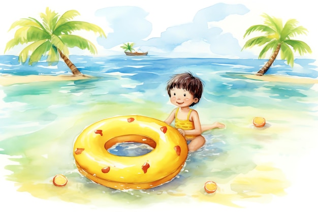 Een jongen met floaty spelen op de illustratie van de strandwaterverf