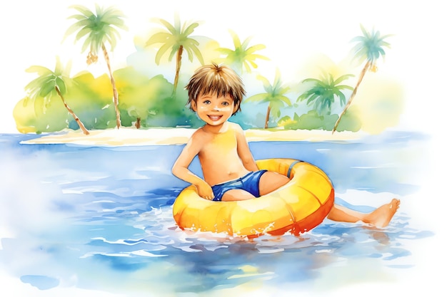 Een jongen met floaty spelen op de illustratie van de strandwaterverf