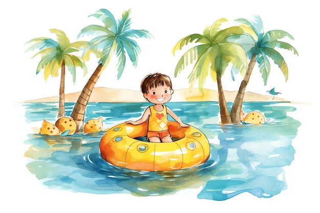 Een jongen met floaty spelen op de illustratie van de strandwaterverf