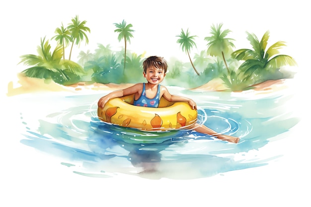 Een jongen met floaty spelen op de strandwaterverfillustratie