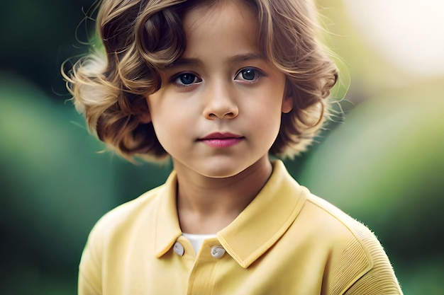 Foto een jongen met krullend haar en een geel overhemd