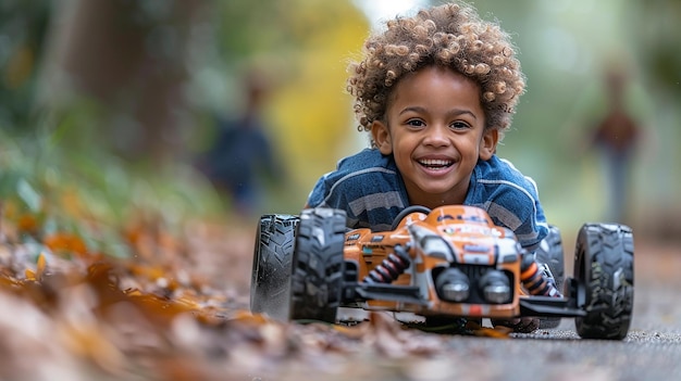 een jongen met krullend haar speelt met een speelgoed tractor