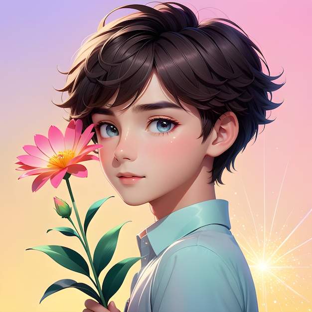 Een jongen met opvallende kenmerken die een levendige bloem aanbiedt