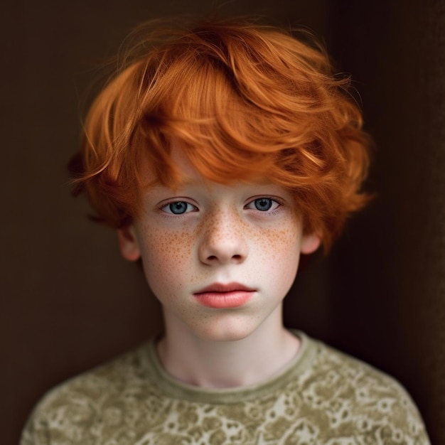 Een jongen met rood haar en een groene trui met sproeten erop.