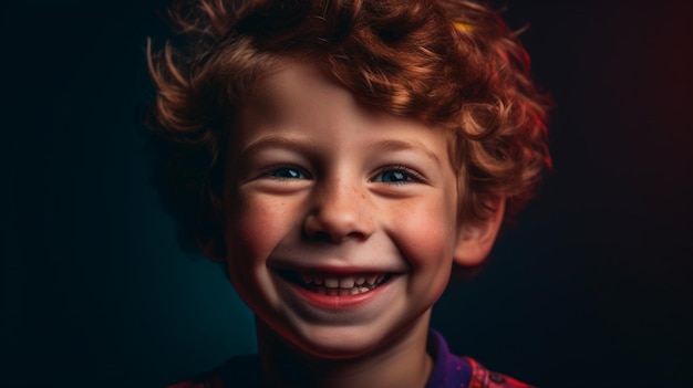 Een jongen met rood haar lacht naar de camera.