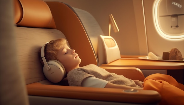 Een jongen slaapt in een business class cabine