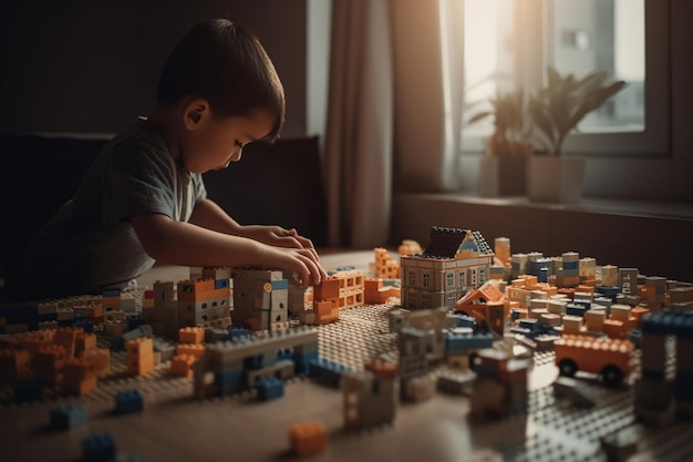 Foto een jongen speelt met een lego city set.
