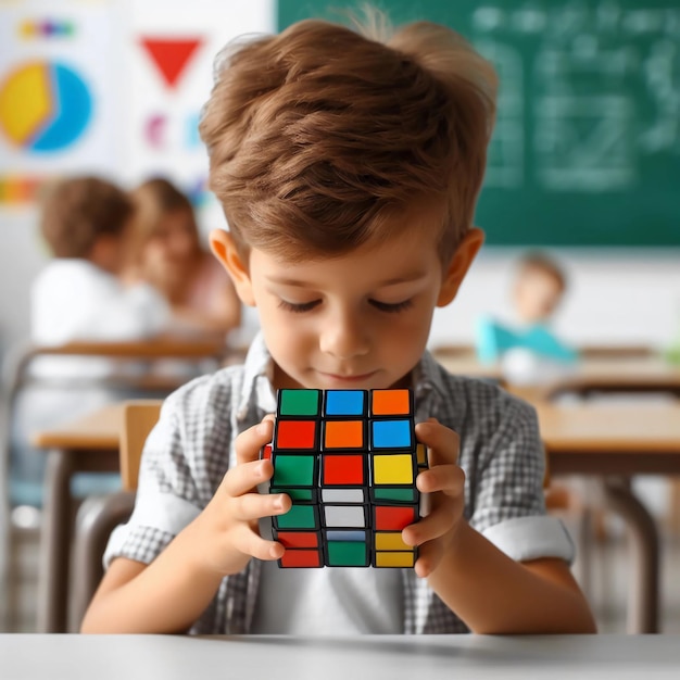 Foto een jongen speelt op school met een rubik's kubus.