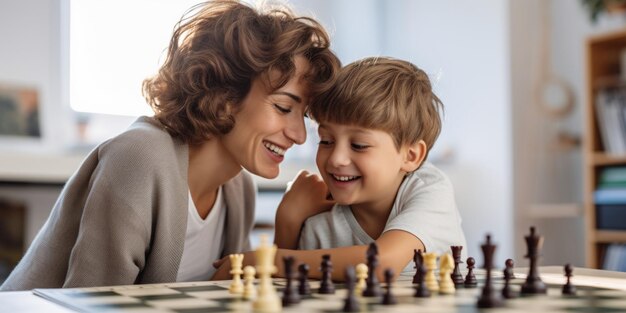 Een jongen speelt schaak met zijn moeder Generatieve AI